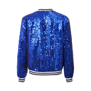 Venta al por mayor de punto transpirable 100% poliéster lentejuelas Mujer manga larga cremallera sólido brillante chaqueta de moda - Product Image 6