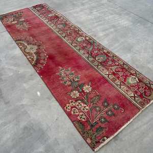 Turkish Vintage Rug, <b>Runner</b> 3x8.8 ft (91x268 cm) Rug, <b>Red</b> Bordered Wool Rug - Product Image 2