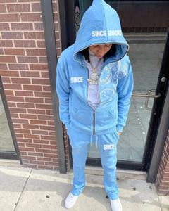 Chándal con estampado de alta calidad y logotipo personalizado 100% algodón French Terry Raw Hem Cut and Sew Sudadera con capucha Pantalones de chándal y Sudadera con capucha - Product Image 3