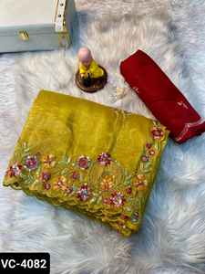 Indian Ethnic Wear Fancy Thread Sequence Work Sari con satén Banglory Blusa con blusa de trabajo completamente bordada para mujer - Product Image 2