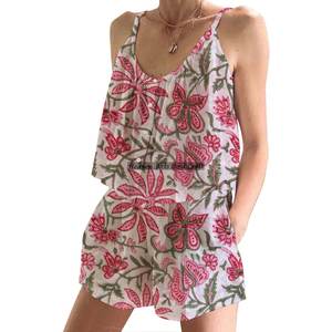 Block Print Pure Cotton Shorts PJ Set <b>For</b> <b>Women</b> Soft Night Spring/<b>Summer</b> Floral Fitted Strappy Sleeveless PJ Set - Product Image 6