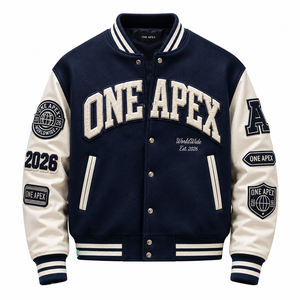 Custom ONEAPEX International Navy Blue White Varsity Letterman <b>Baseball</b> Chenille <b>Jacket</b> Wool Leather Sleeve Hooded OEM ODM - Product Image 1