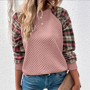 Sudadera informal de cuello redondo de manga larga empalmada a cuadros de diamantes de moda para mujer europea y americana 2025 - Product Image 2