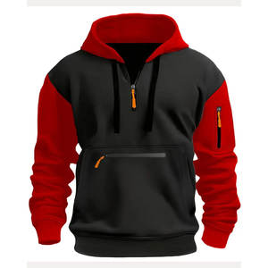 เสื้อฮู้ดสวมหัวแนวสปอร์ตลำลองสีพื้นซิปไตรมาสแบบปกติผ้าโพลีเอสเตอร์100% ยืดได้เล็กน้อยสำหรับกีฬากลางแจ้ง - Product Image 1