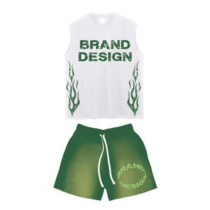 Conjunto de 2 Piezas de Camiseta sin Mangas y Pantalones Cortos de Algodón con Estampado DTG, Estilo Streetwear Personalizado 2026, Lavado Ácido, para Hombre - Product Image 6