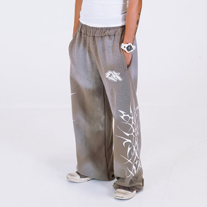 Venta al por mayor pantalones de chándal de pierna ancha holgados de gran tamaño lavado ácido peso pesado francés Terry acampanados Rhinestone Hip-Hop Streetwear Joggers - Product Image 5