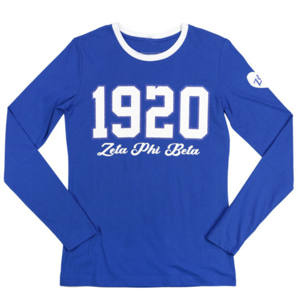 T-shirt à manches longues ZPB-Bleu royal | Chemise 100% coton Zeta Phi Beta avec lettres grecques imprimées à paillettes, bouclier et année sur la manche - Product Image 1