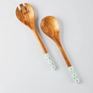 Juego de Cuchara y Tenedor de Madera de Mango y Resina Verde con Mango de Resina Colorida, Cuchara de Madera para Ensalada, Gran Venta - Product Image 1
