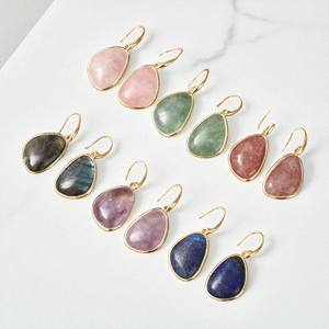 ต่างหูแบบฝาทรงหยดน้ำทำจากหินโรสควอทซ์ชุบทองไม่สม่ำเสมอ-ต่างหูใส่ได้ทุกวันเป็นสีเงิน - Product Image 2