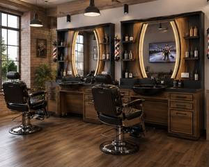 Commercial Barber Shampoo Unit <b>LED</b> <b>Mirror</b> Salon Station Black Basin Wood Grain Cabinet with Open Shelf - Product Image 2