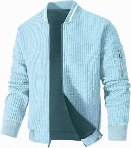 Blouson bombardier en toile bleu clair d'hiver léger pour hommes vente en gros décontracté confort réglable poches latérales fermeture éclair avant élastique - Product Image 1