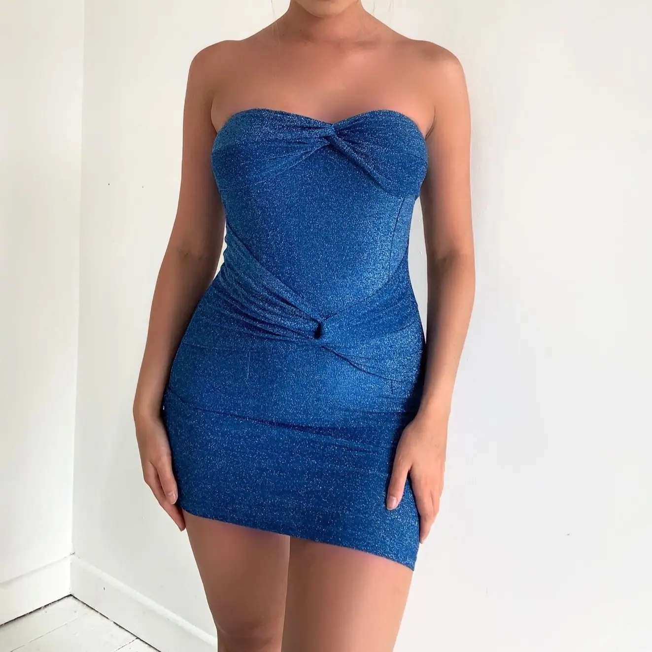 Glitter High Stretch Bandeau Twist Front Details Detail Sleeveless Low Back Mini Bodycon Party Dress
