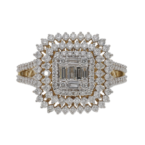 14K Yellow Gold Radiant Double Halo Square Diamond Cluster Ring Elegant Baguette Cut Diamonds Luxury Statement Jewelry - Product Image 1