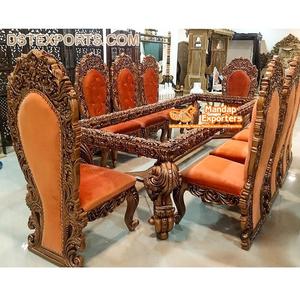 Muebles de Comedor Antiguos Tallados en Madera Pulida, Juego de Comedor de Lujo de 8 Plazas Tallado en Madera, Mesa y Sillas de Comedor Talladas a Mano - Product Image 1