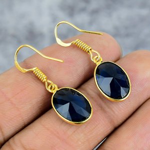 Handmade Trendy Blue Sapphire Dangle Drop Earrings 925 Sterling <b>Silver</b> Gold Plating Dainty Oval Shape Gemstone Weddings Parties - Product Image 4