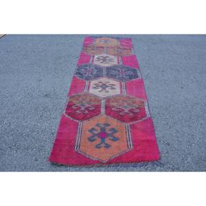 Alfombra turca roja Vintage rústica 3'1X9 'clásica área grande lana látex respaldo patrón abstracto pasillos rectángulos para habitación de adolescentes - Product Image 1