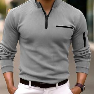 Polo de manga larga de algodón 100% para hombre, Color sólido, rayas, brazo, cremallera, bolsillo de empalme, lona, técnica de alta oscuridad, deportes informales - Product Image 2