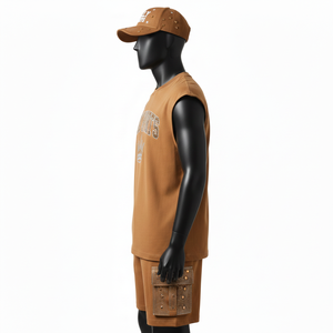 <b>Men</b> Sleeveless T Shirt and <b>Short</b> Set Cotton Polyester Smooth Fabric <b>Brown</b> Heat Press Logo <b>Men</b> Sleeveless shirt and <b>Shorts</b> Set - Product Image 3