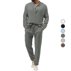 Set da <span class=keywords><strong>uomo</strong></span> all'ingrosso 2 pezzi Casual in cotone a manica lunga da <span class=keywords><strong>uomo</strong></span> Set <span class=keywords><strong>di</strong></span> camicia <span class=keywords><strong>e</strong></span> <span class=keywords><strong>pantaloni</strong></span> <span class=keywords><strong>di</strong></span> <span class=keywords><strong>lino</strong></span> personalizzati per gli uomini - Product Image 5