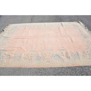 Vintage Turkish Rug Large Rectangle 6.9 X 10.3ft Classic <b>Pink</b> Blue Patchwork Design <b>Wool</b> Latex Abstract Hallway Room Rug - Product Image 3