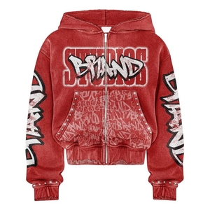 Sudaderas con capucha Vintage para mujer con estampado de diamantes de imitación bordado personalizado de gran tamaño con dobladillo crudo recortado lavado con ácido y cremallera - Product Image 2