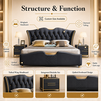 Lit King Size Moderne en Cuir Capitonnée Verticale Grand Format, Cadre en Métal Doré, Écologique, pour Chambre d'Hôtel de Luxe ou Villa