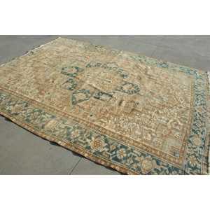 7,8x10 ft Rug, Turkish Vintage Rug, <b>Brown</b> Blue Persian <b>Wool</b> Rug - Product Image 3