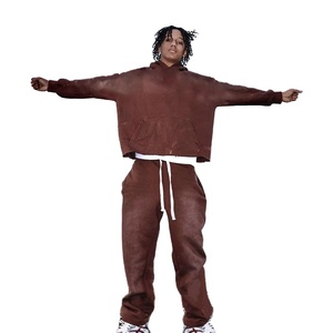 Survêtement deux pièces surdimensionné personnalisé délavé à l'acide pour hommes patchs de lettres vintage en détresse brodés 100% coton hiver - Product Image 1