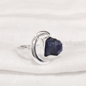Joyería de piedra en bruto, anillo para mujer, zafiro azul crudo Natural, piedra preciosa, piedra natal de septiembre, luna creciente, anillo de Plata de Ley 925 - Product Image 1