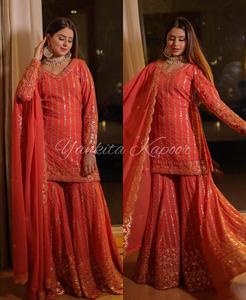 Robe Sharara traditionnelle de créateur en Georgette avec broderies, Salwar Kameez indien pour mariage, fête, tenue de cérémonie, Saint-Valentin - Product Image 5