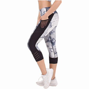 Racerback <b>Crop</b> <b>Top</b> Yoga Set High Waist Calf-Length Pants Sublimation Print <b>Mesh</b> Detail Sweat-Wicking Spandex Polyester 2-Piece - Product Image 6