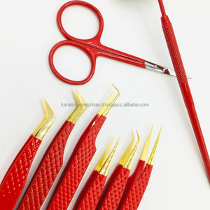 Pince à épiler professionnelle pour extensions de cils, revêtement rouge, pointes dorées, lisses, anti-magnétiques, prise fine, durable, poignée confortable - Product Image 4
