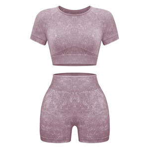 Ensemble d'entraînement 2 pièces côtelées sans couture pour femmes haut court à manches courtes Short de yoga taille haute en coton pour la salle de sport de tous les jours - Product Image 4