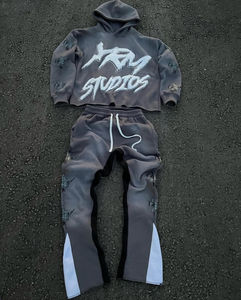 100% coton personnalisé lavé à l'acide Vintage survêtement hommes Streetwear en détresse coupe et coudre Patchwork à capuche et pantalon de survêtement ensemble - Product Image 1