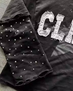 Personnalisé Surdimensionné Strass Sérigraphie T-Shirt Vintage Coton Hommes Double Couche À Manches Longues Broderie En Déchiré T-shirt - Product Image 3