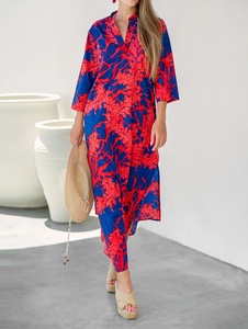 <b>Boho</b> Maxi <b>Dress</b> Women Long Sleeve Floral Print Loose Fit Chiffon <b>Summer</b> Casual Red Blue Pattern Straight Hem Holiday Celebration - Product Image 2