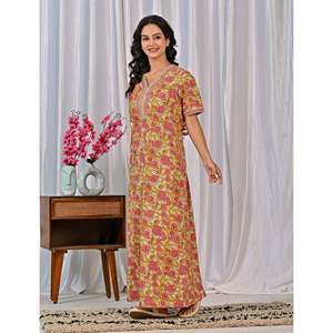 Vestido de Dormir 100% Algodón con Estampado Jaal Hecho a Mano, Camisón Suave Tejido con Diseño Floral y Botones, ODM 3XL para Damas de Honor - Product Image 6