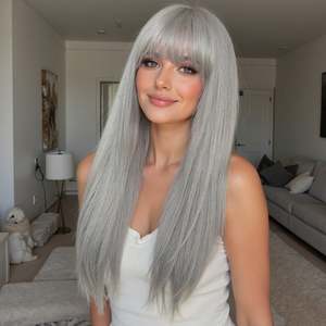 Skylar-DWY High Quality Long Straight Sliver Synthetic <b>Wig</b> Transparent Lace Bangs Small Cap Size 30 Inches Stretched for Women - Product Image 1