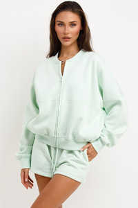 100% algodón menta 2 piezas chaqueta Bomber y pantalones cortos conjunto de chándal con capucha para mujer y conjunto de chándal corto conjunto de 2 piezas para mujer - Product Image 2