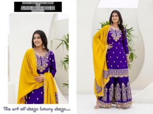 Traje Palazzo de Diseñador Gulkayra en Seda Chinon con Elegante Bordado de Secuencia Codificada, Perfecto para Fiestas y Eventos Festivos - Product Image 2