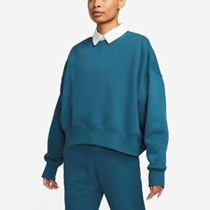 Relaxed Fit Ribbed Crewneck 70% Cotton 30% Recycled Polyester Fleece Ribbed Cuffs and Hem Teal <b>Blue</b> Crop Sweatshirt - Product Image 4