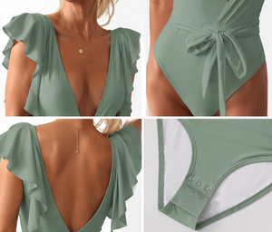 Traje de Baño de Dos Piezas para Mujer, con Espalda Descubierta, Mangas con Volantes, Cintura Alta, Color Sólido, Elástico y de Secado Rápido - Product Image 3