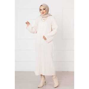 Robe longue décontractée d'été en tricot tressé écru, coupe crayon droite, technique crochetée, style soirée sexy, motif rayé, ODM - Product Image 1
