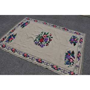 พรมขนสัตว์ตุรกีสีเบจ4.6 x 6.7ft คลาสสิกดีไซน์แบบเย็บปะติดปะต่อกันสำหรับห้องนั่งเล่นห้องนอนสี่เหลี่ยมพรมยาง - Product Image 2