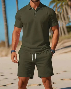 Ensemble deux pièces de sports de plage décontractés pour hommes, ensemble de shorts de sport à taille élastique avec cordon de serrage, haut à revers à bouton de contrôle d'accès - Product Image 4
