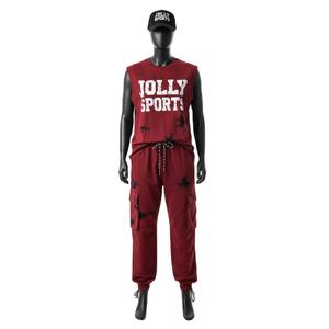 Conjunto deportivo de dos piezas sin mangas para hombre, tela duradera de algodón y poliéster, color rojo, logotipo estampado en caliente, camiseta sin mangas y pantalón para hombre - Product Image 1
