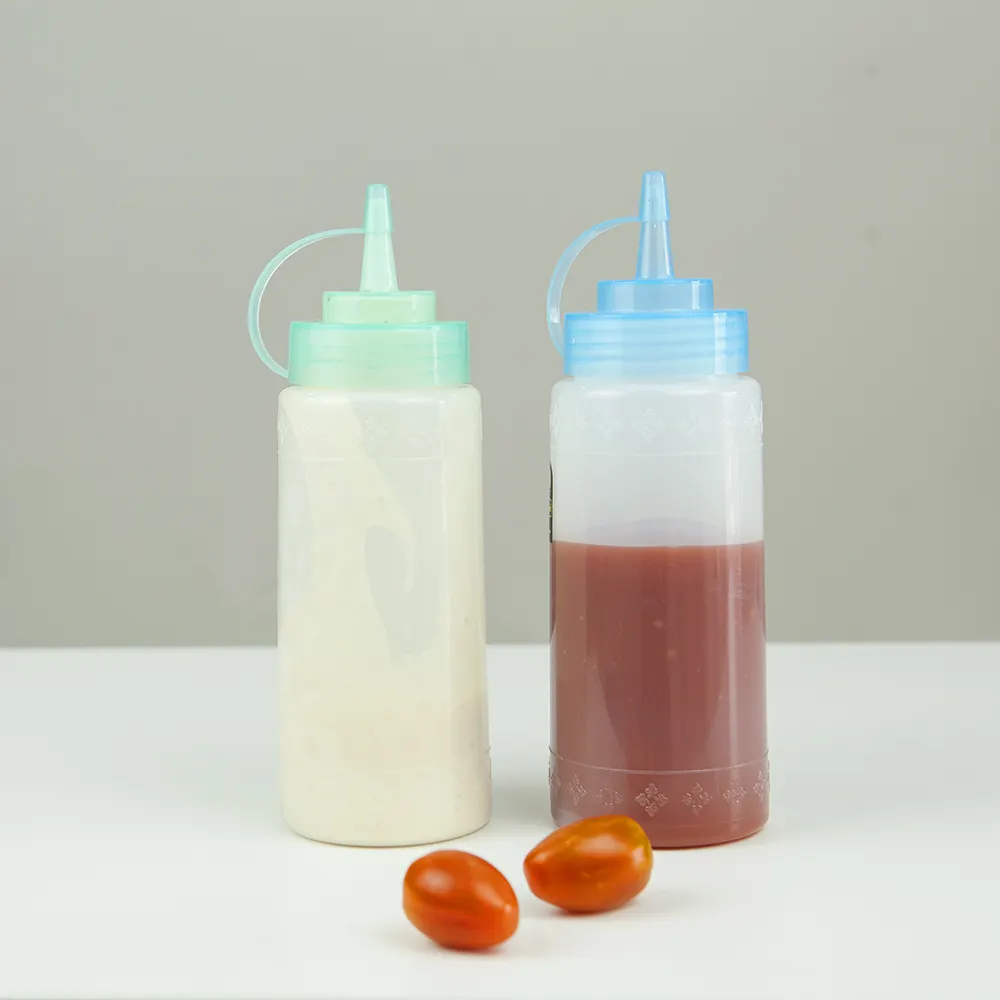 सॉस के लिए 15 ऑउंस एलडीपीई प्लास्टिक बोतल, पैकिंग 450 मिलीलीटर स्क्वीज़ सॉस मसाला सलाद की बोतलें नोजल रीफिल करने योग्य बोतल के साथ
