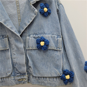 Vente chaude femmes à manches longues Denim veste respirant ample haut court avec fleurs en tricot lavé mode Jean Denim veste chemise - Product Image 6
