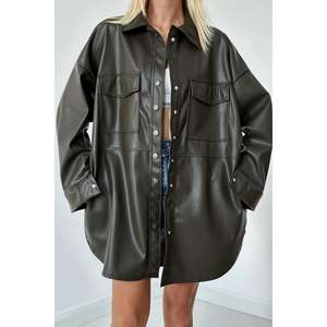 Veste utilitaire en cuir kaki en gros avec fermeture à boutons-pression et poches - Product Image 1