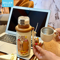 DILLER Cute Capybara Kids Thermos Bottle en acier inoxydable 316L Tasse isolée sous vide Double couvercle à boire Sangle portable 480ml
